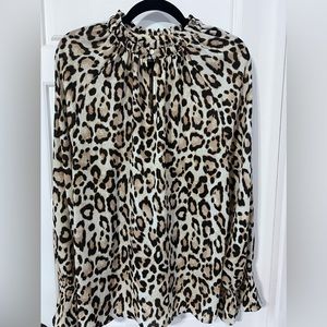 Loft Size XL Leopard Print Long Sleeve Blouse High Neck Back Closure